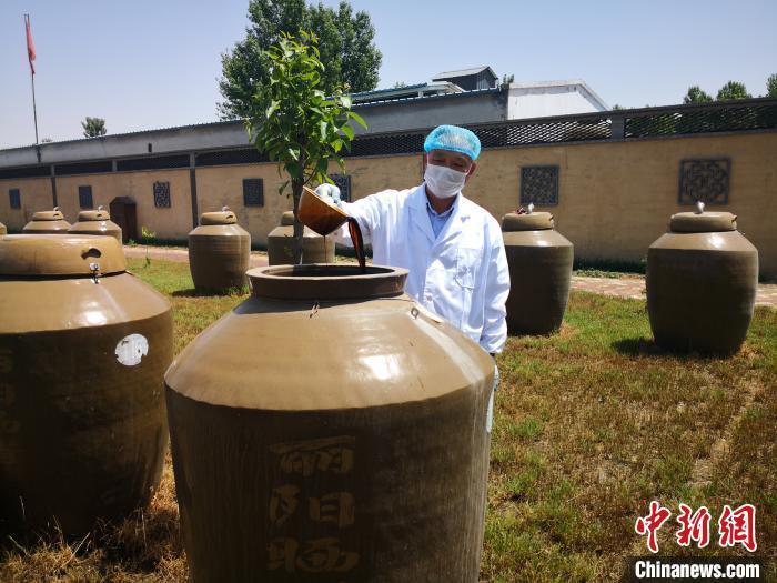 圖為釀醋手藝人在查看醋壇中的曬醋。 李洋 攝