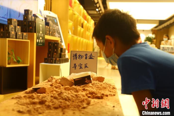 圖為在江西省博物館天工坊，一名小男孩端詳著已經(jīng)拆解完畢的“考古盲盒”現(xiàn)場。　劉占昆 攝