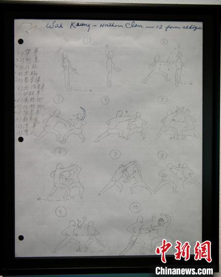 李小龍繪畫有關(guān)中國武術(shù)門派招式的手稿?！±钪救A 攝