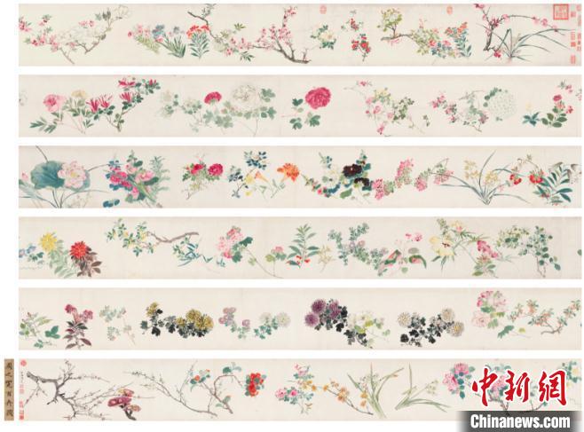 周之冕 《百花圖卷》手卷，設(shè)色紙本，尺寸32×1717 cm?！≈袊?guó)嘉德供圖
