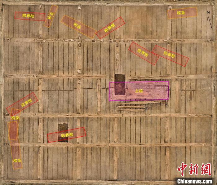 圖為江西樟樹國字山墓葬M1墓主棺及陪葬棺示意圖。　江西省文物考古研究院 供圖