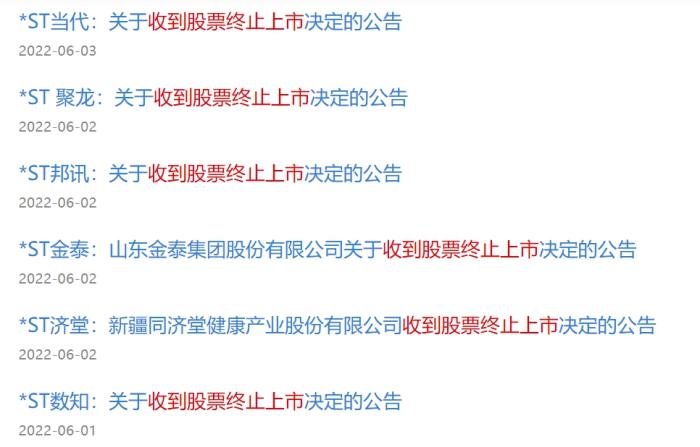 部分上市公司收到的股票終止上市決定的公告。