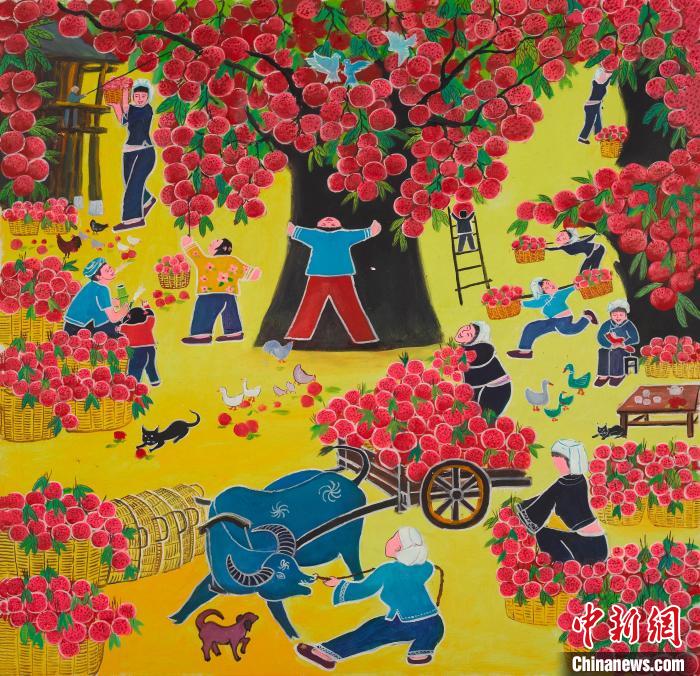 圖為廣西靖西農(nóng)民畫作品《南國滿園妃子笑》。　黃金桃供圖