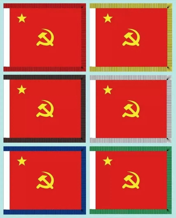31式紅軍兵種旗(效果圖)：步兵旗、騎兵旗、炮兵旗、工兵旗、輜重兵旗、醫(yī)護(hù)兵旗(從左至右)。