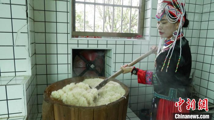 圖為藍(lán)春花鏟出煮熟的糯米進(jìn)行釀酒。　記者華山 攝