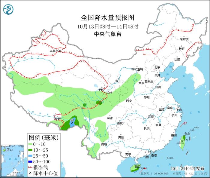 全國降水量預(yù)報圖(10月13日08時-14日08時)