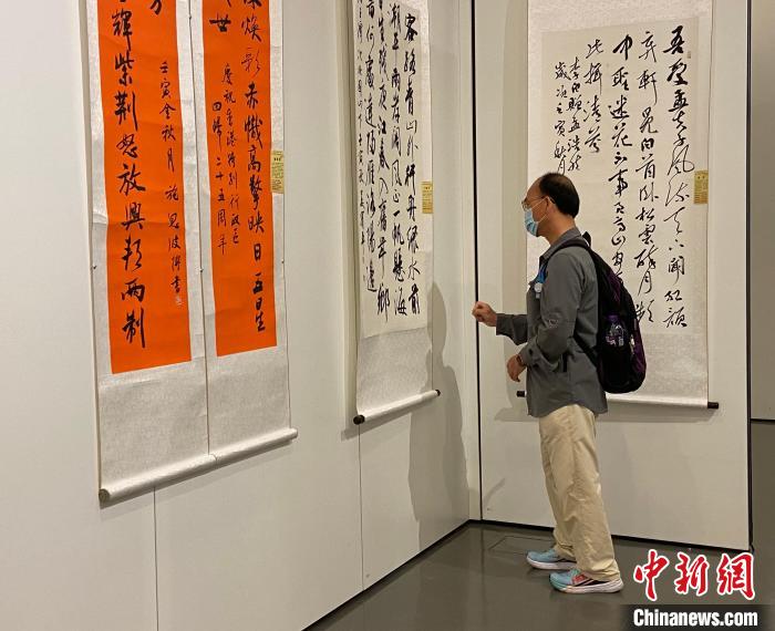 入場人士觀賞書法作品?！∥喝A都 攝