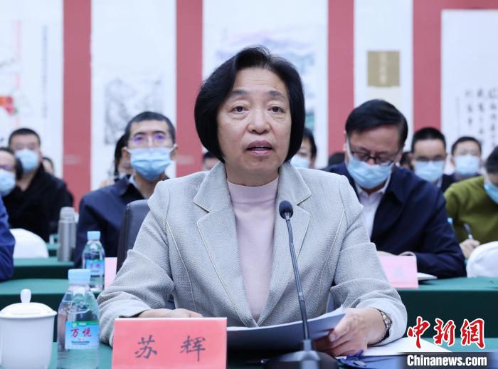 圖為全國(guó)政協(xié)副主席、臺(tái)盟中央主席蘇輝出席會(huì)議并發(fā)言?！∨_(tái)盟中央供圖