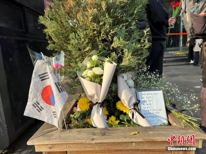 當(dāng)?shù)貢r間10月29日晚，韓國首爾龍山區(qū)梨泰院發(fā)生大規(guī)模踩踏事故。截至目前，首爾梨泰院踩踏事故已造成上百人死傷。這起事故發(fā)生在梨泰院一巷子內(nèi)，目前該巷子已封鎖。圖為當(dāng)?shù)貢r間10月30日，有民眾到事發(fā)地獻(xiàn)花哀悼。 <a target='_blank' href='/'>中新社</a>記者 劉旭 攝