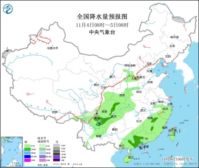 全國降水量預報圖(11月4日08時-5日08時)