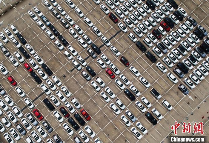 航拍在海通碼頭等待出口的整車。(資料照片) 殷立勤 攝
