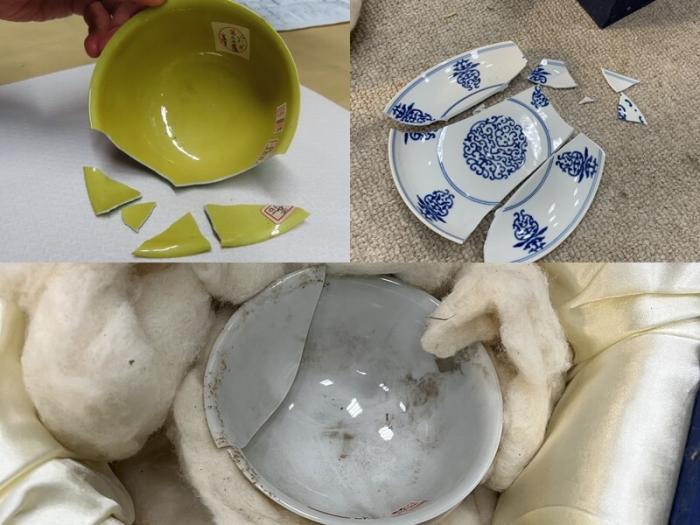 3件近期曝出破損的文物：明朝弘治款嬌黃綠彩雙龍小碗”(左上)、“清朝康熙款暗龍白里小黃瓷碗”(下)；“清朝乾隆青花花卉盤”(右上)。圖片來源：臺(tái)灣“中央社”(臺(tái)北故宮博物院提供)。