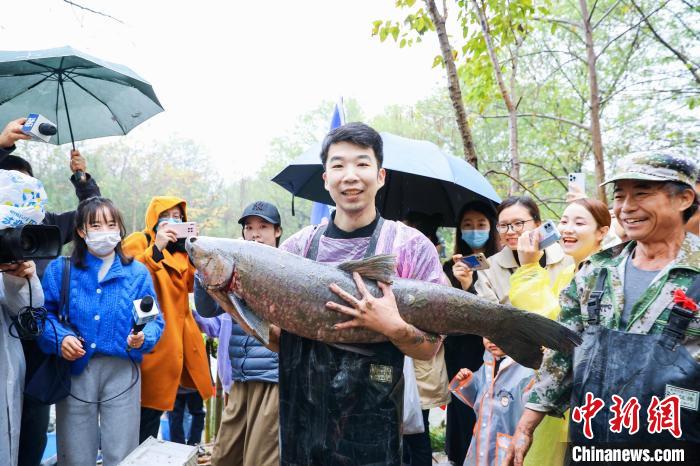 游客王先生抱著抓到的“西溪魚(yú)王”向圍觀者展示 西溪濕地 供圖