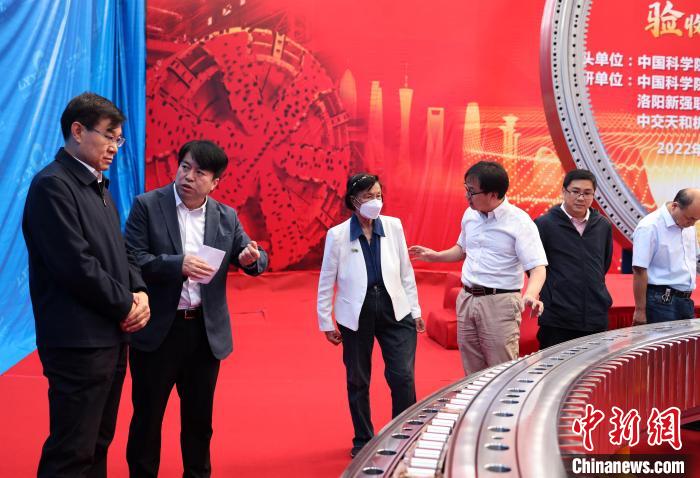 劉維民院士、李殿中研究員、李依依院士、胡小強(qiáng)研究員(左一至左四)在驗(yàn)收活動上交流?！≈锌圃航饘偎?供圖