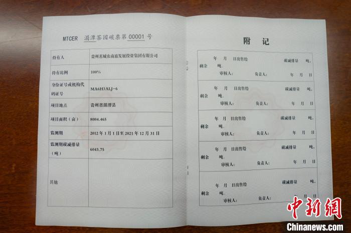 圖為茶園碳票。 湄潭縣融媒體中心供圖