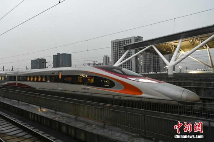 1月11日，廣東省廣州市，一列由香港西九龍站始發(fā)的高鐵列車抵達(dá)廣州南站。 <a target='_blank' href='/'>中新社</a>記者 陳驥旻 攝