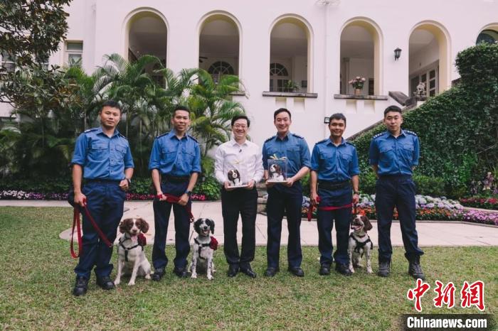 李家超禮賓府“宴請”赴土耳其救災搜救犬?！±罴页缃幻襟w圖片 攝