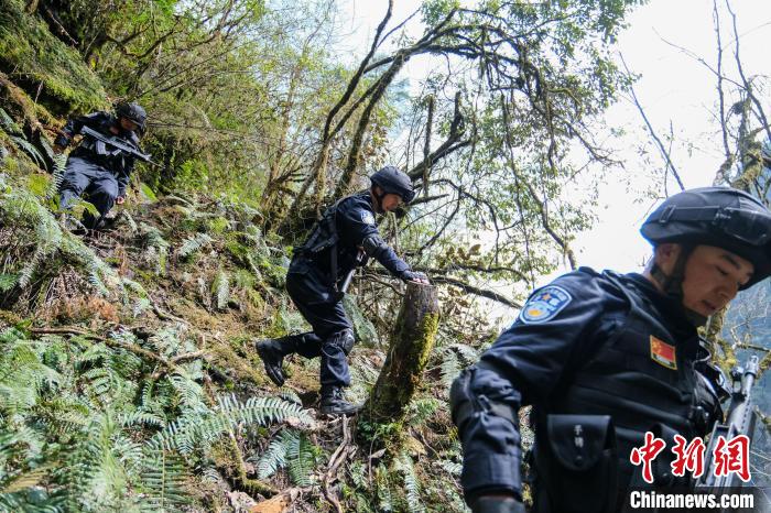 4月9日，拉郊邊境派出所移民管理警察在邊境地區(qū)原始森林進(jìn)行戍邊巡邏?！〗w波 攝