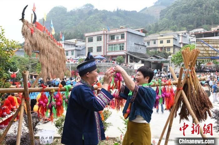圖為游客體驗壯族敬牛節(jié)特色文化項目?！×趾?攝