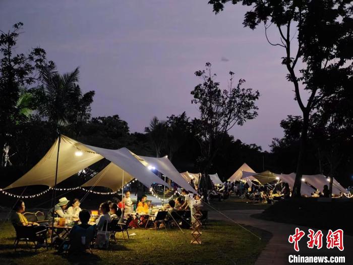 5月20日，在?？谖逶春訃?guó)家濕地公園，數(shù)十個(gè)家庭在這里參加一場(chǎng)濕地科普和露營(yíng)會(huì)?！『？谑袧竦乇Ｗo(hù)管理中心供圖