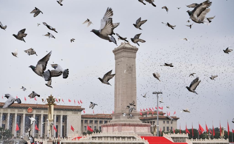 2021年7月1日上午，慶祝中國共產(chǎn)黨成立100周年大會在北京天安門廣場隆重舉行。這是慶祝大會現(xiàn)場和平鴿展翅高飛。（圖源：新華網(wǎng)）