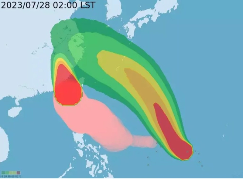 目前太平洋地區(qū)有兩個(gè)臺(tái)風(fēng)，分別為中臺(tái)“杜蘇芮”(左)和輕臺(tái)“卡努”(右)。圖為暴風(fēng)圈侵襲機(jī)率。(圖取自臺(tái)氣象部門網(wǎng)頁(yè)) 圖片來(lái)源：臺(tái)灣“中時(shí)新聞網(wǎng)”