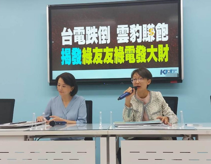 國民黨黨團(tuán)副書記長吳怡玎（右）、王鴻薇（左）22日召開“臺電跌倒 云豹賺飽 揭發(fā)綠友友 綠電發(fā)大財(cái)”
