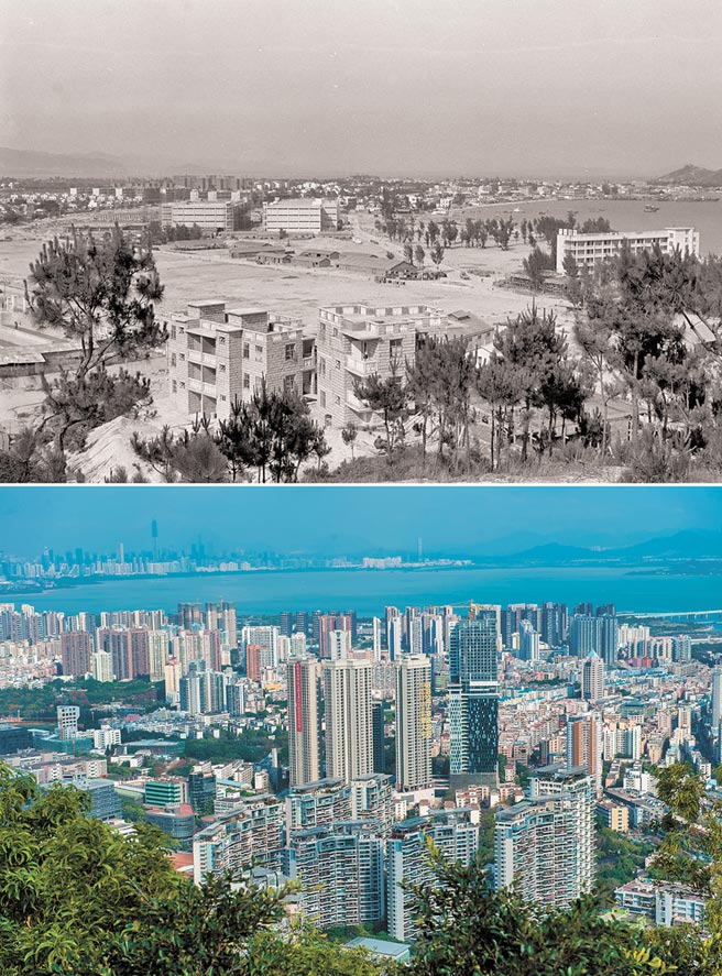 上圖為深圳蛇口工業(yè)區(qū)一瞥；下圖為2015年2月26日，廣東自貿(mào)區(qū)深圳前海蛇口片區(qū)內(nèi)的蛇口片區(qū)。（圖源：新華社）。