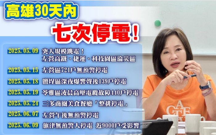 國民黨立委柯志恩今（9）日估算，30天內(nèi)高雄停了7次電